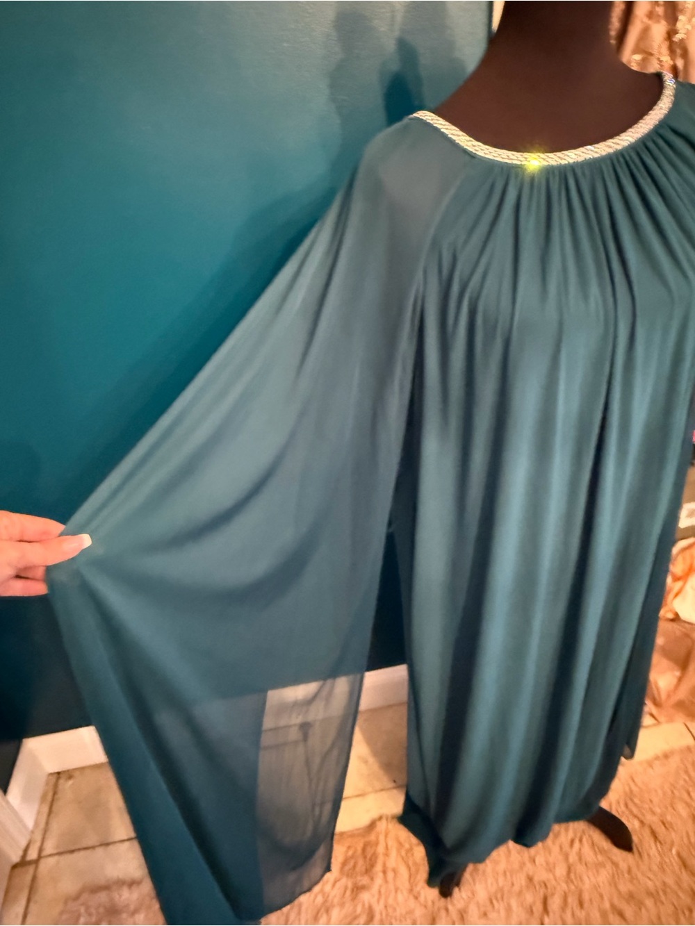 R&M Richards Teal Sheer-Sleeve Wide Jumpsuit with Embellished Neckline